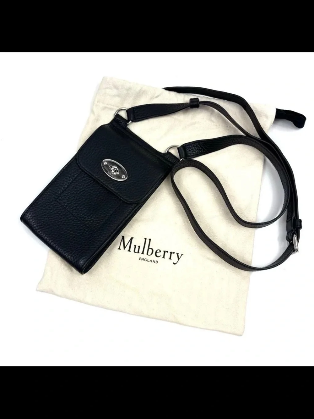 Mulberry Black Pebbled Leather Crossbody Phone Pouch with Silver Lock